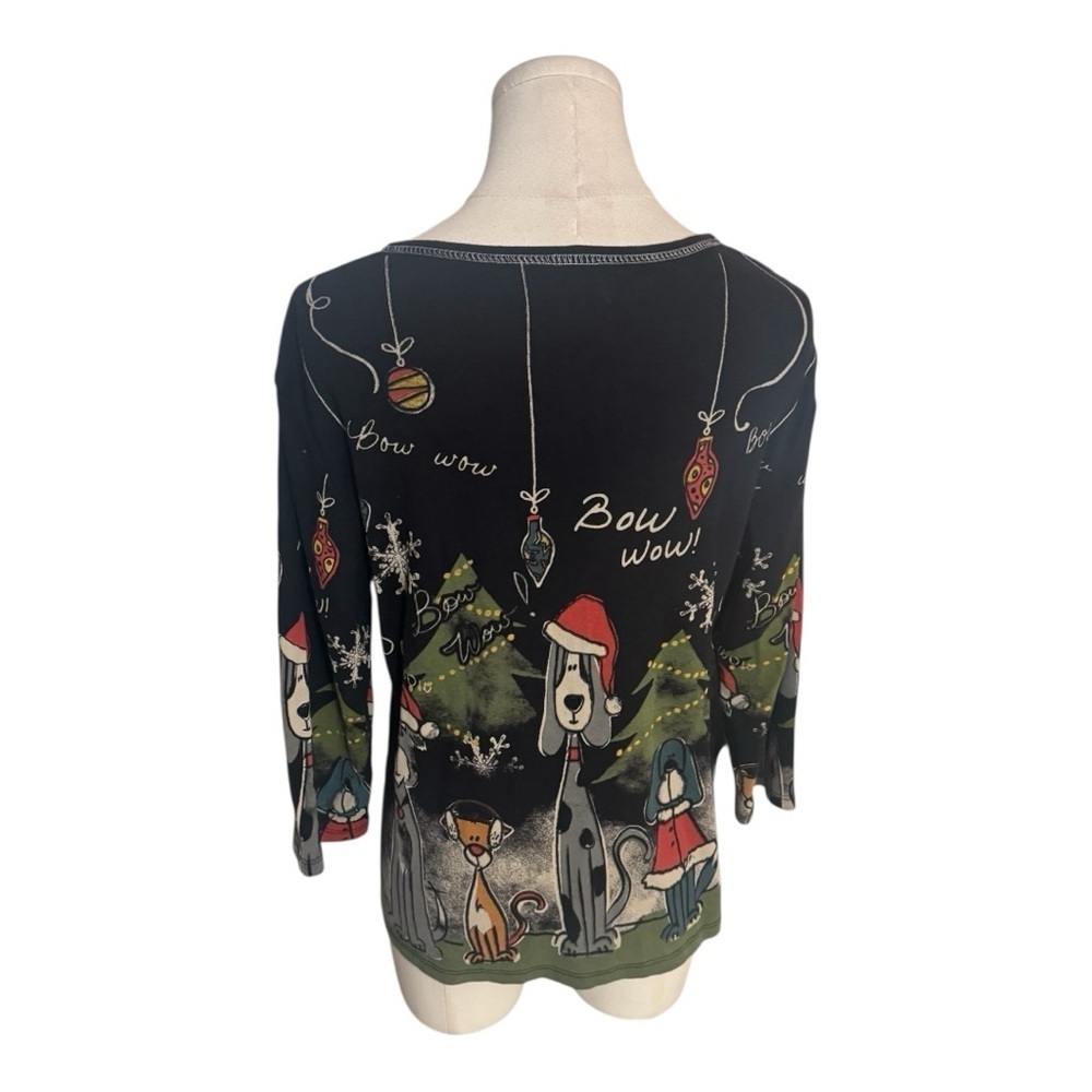 Jess & Jane Bow Wow Christmas Holiday Black Dog Shirt Size M Santa Hat Sweater - Picture 2 of 9